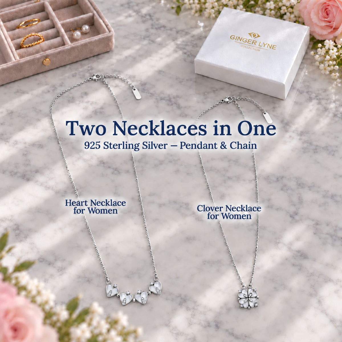4 Leaf Clover Heart Pendant Necklace for Women Magnetic Sterling Silver Ginger Lyne Collection - White Gold