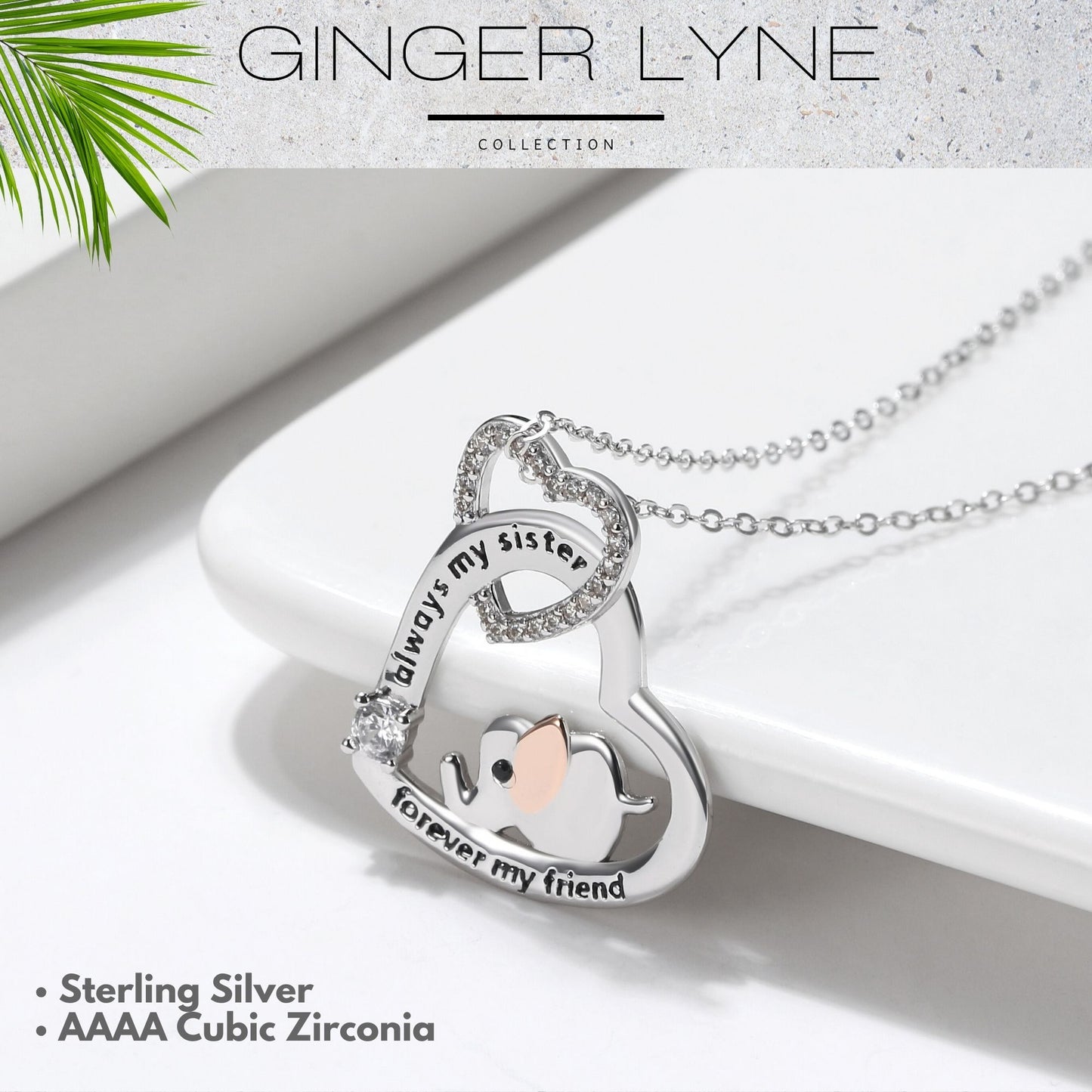 Sister Elephant Heart Pendant Necklace for Women Sterling Silver CZ Ginger Lyne Collection