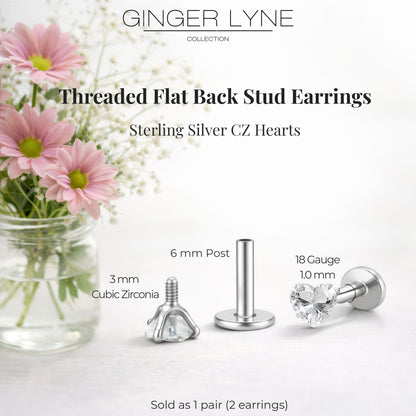 Ginger Lyne Solitaire Heart Flat Back Stud Earrings Sterling Silver Cubic Zirconia Body Jewelry - Silver-3mmCZ-18G-6mmPost