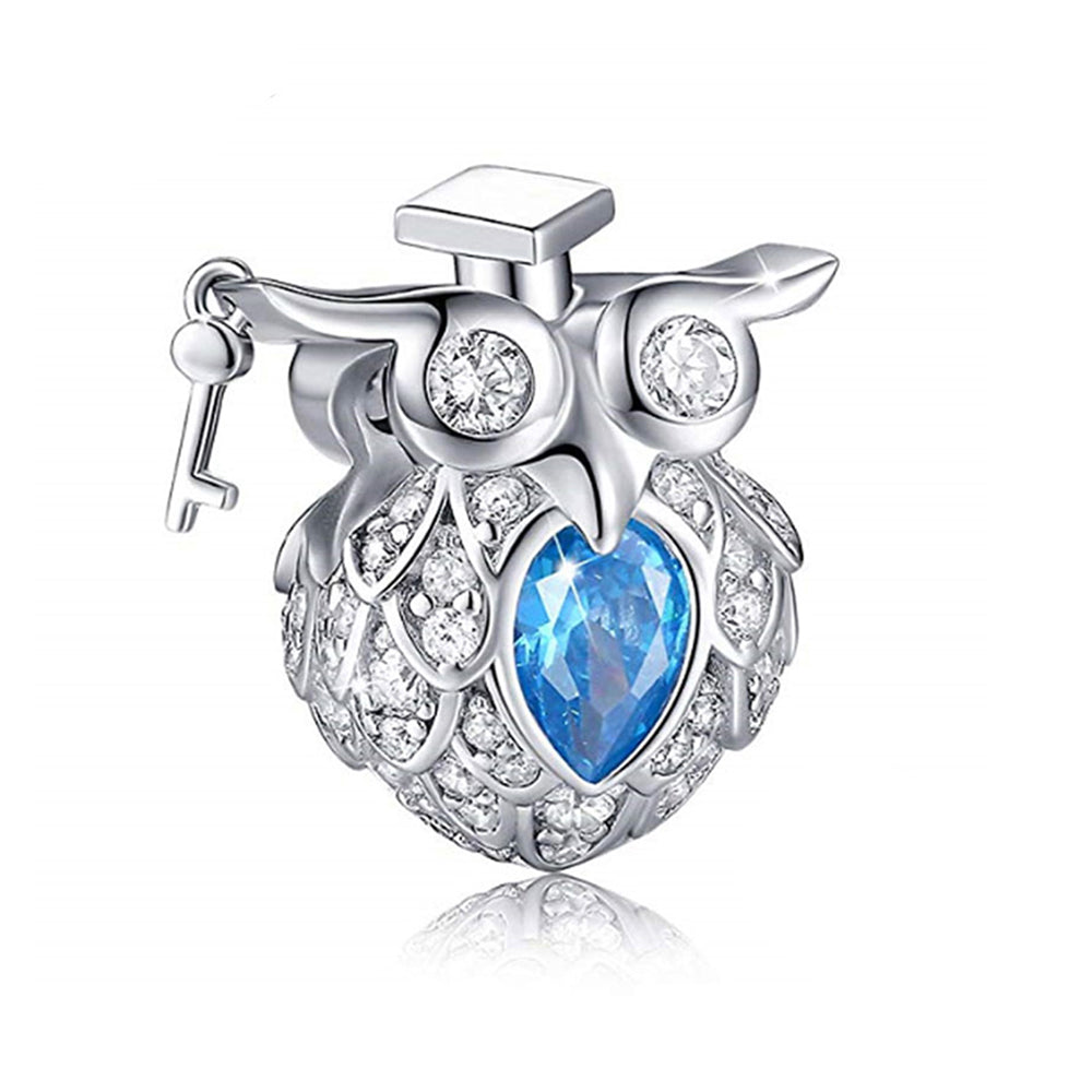 Owl Charm European Bead Blue CZ Sterling Silver Green Enamel Ginger Lyne Collection - Owl-107