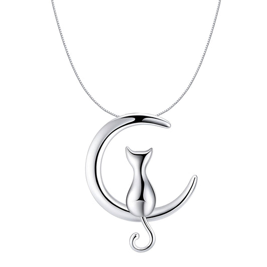 CatonMoonNecklaceforWomenKittyPendantandChain14ktWhiteGoldPlatedGingerLyneCollection_Silver-1
