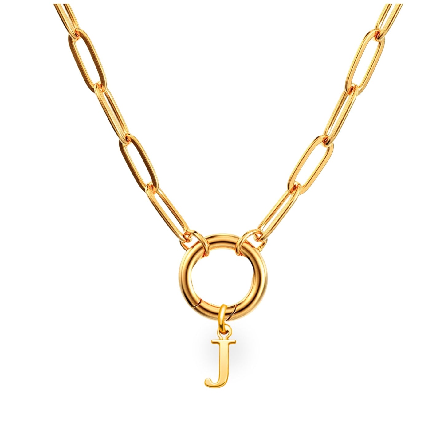 PaperclipLinkCircleCarabinerIntialLetterCharmHolderNecklaceforWomen18ktGoldPlatedStainlessSteelGingerLyne_Gold-J-1