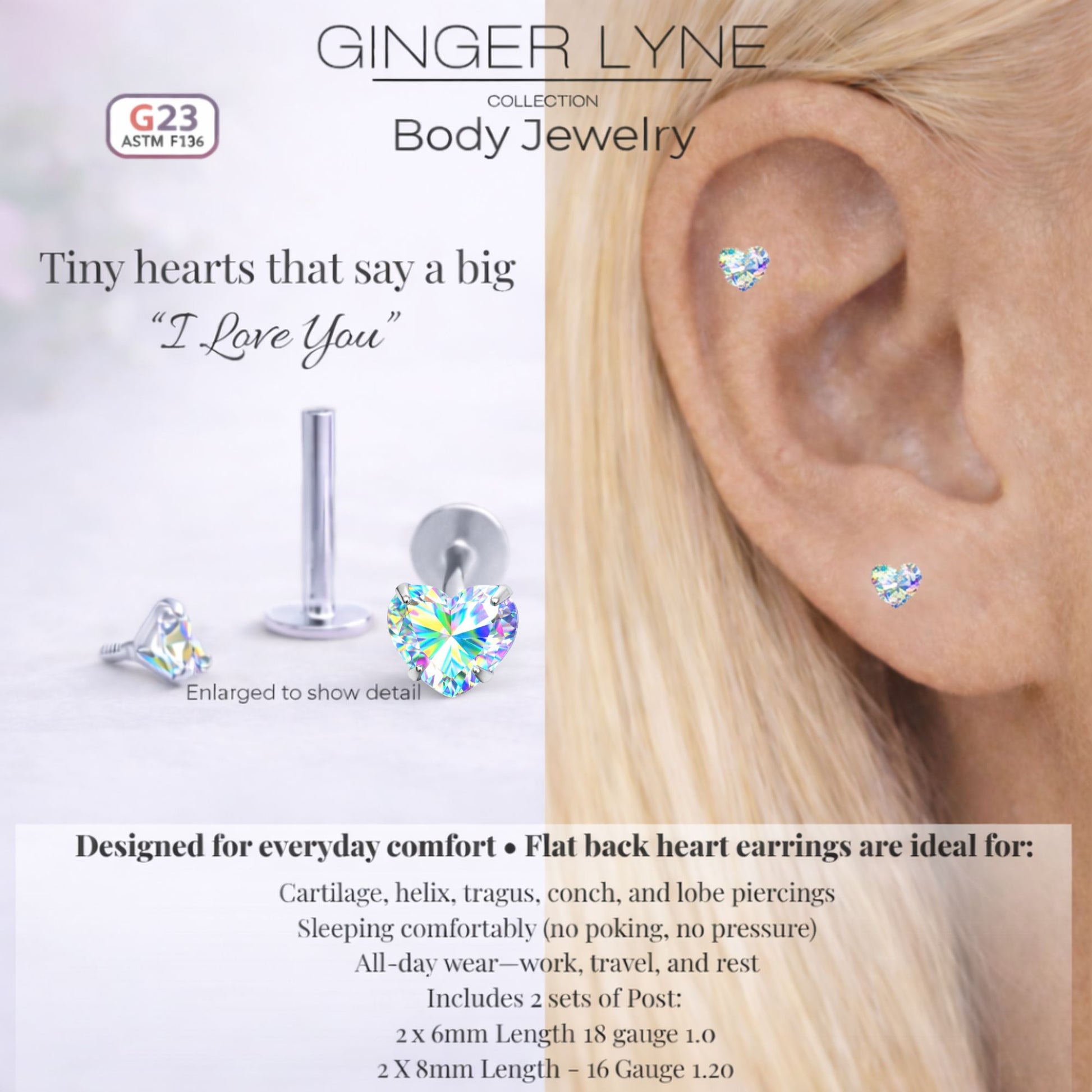 Small Heart CZ Solitaire Flat Back Stud Earrings Body Piercings by Ginger Lyne 2 Sets Post 6mm 8mm Included - 5mm-AuroraBorealis