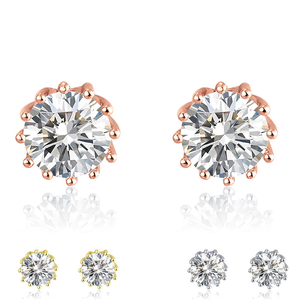 Crown Stud Earrings 8mm Round Cz Sterling Silver Womens by Ginger Lyne Collection - Rose Gold