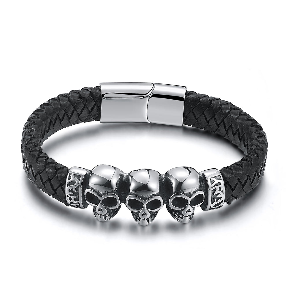SkullsBraceletStainlessSteelBikerPunkGothLeatherMensGingerLyneCollection_Silver-1