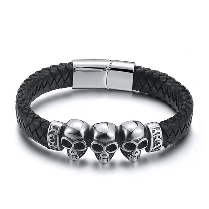 SkullsBraceletStainlessSteelBikerPunkGothLeatherMensGingerLyneCollection_Silver-1