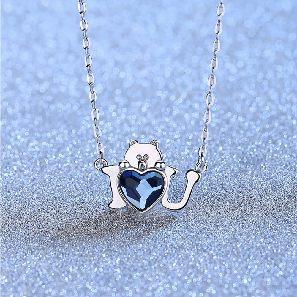 Teddy Bear I Love You  Necklace for Women Blue Heart Cz Sterling Silver Ginger Lyne Collection