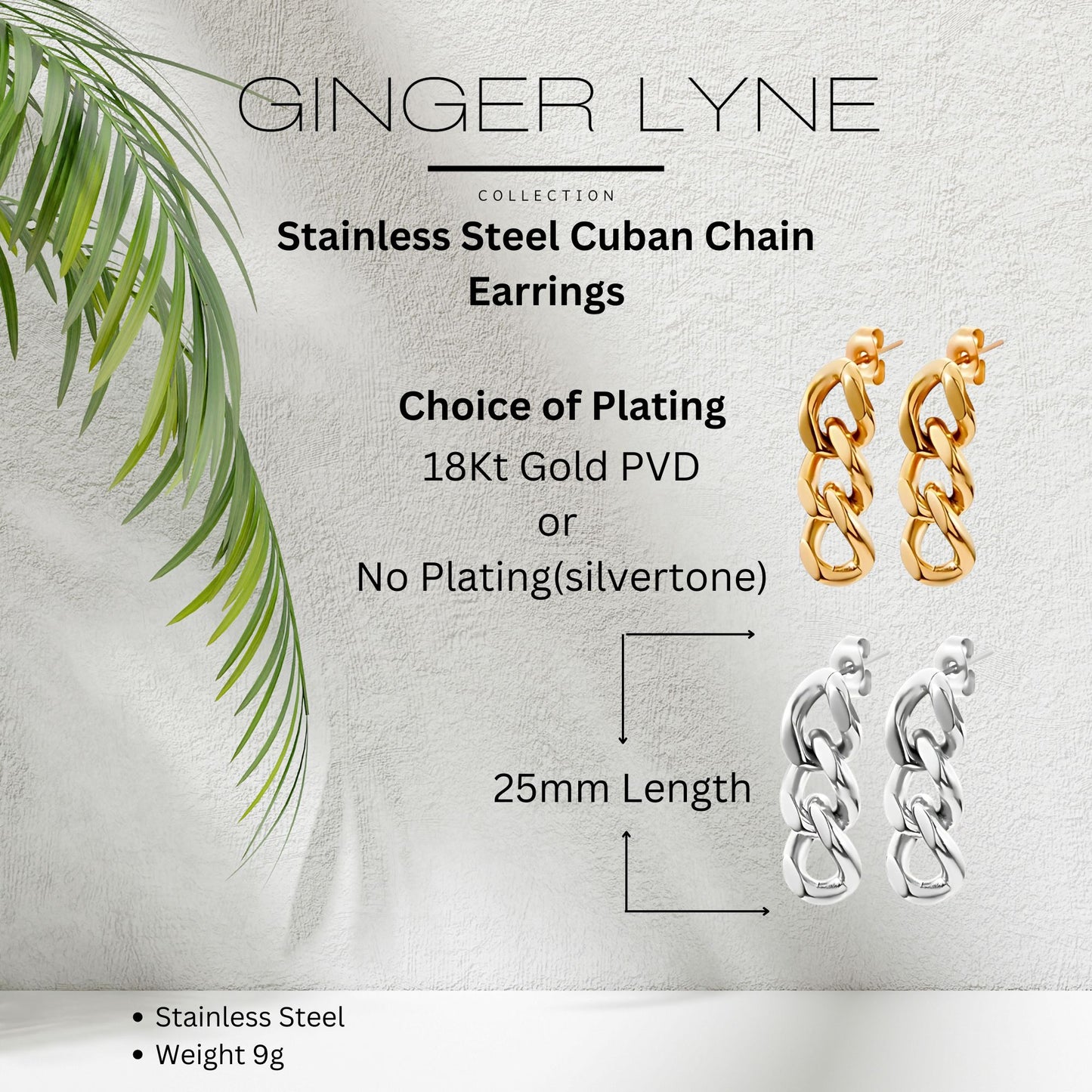 Cuban Chain Link Dangle Chunky Earrings for Women Gold or Silver Stainless Steel Ginger Lyne Collection - Silver