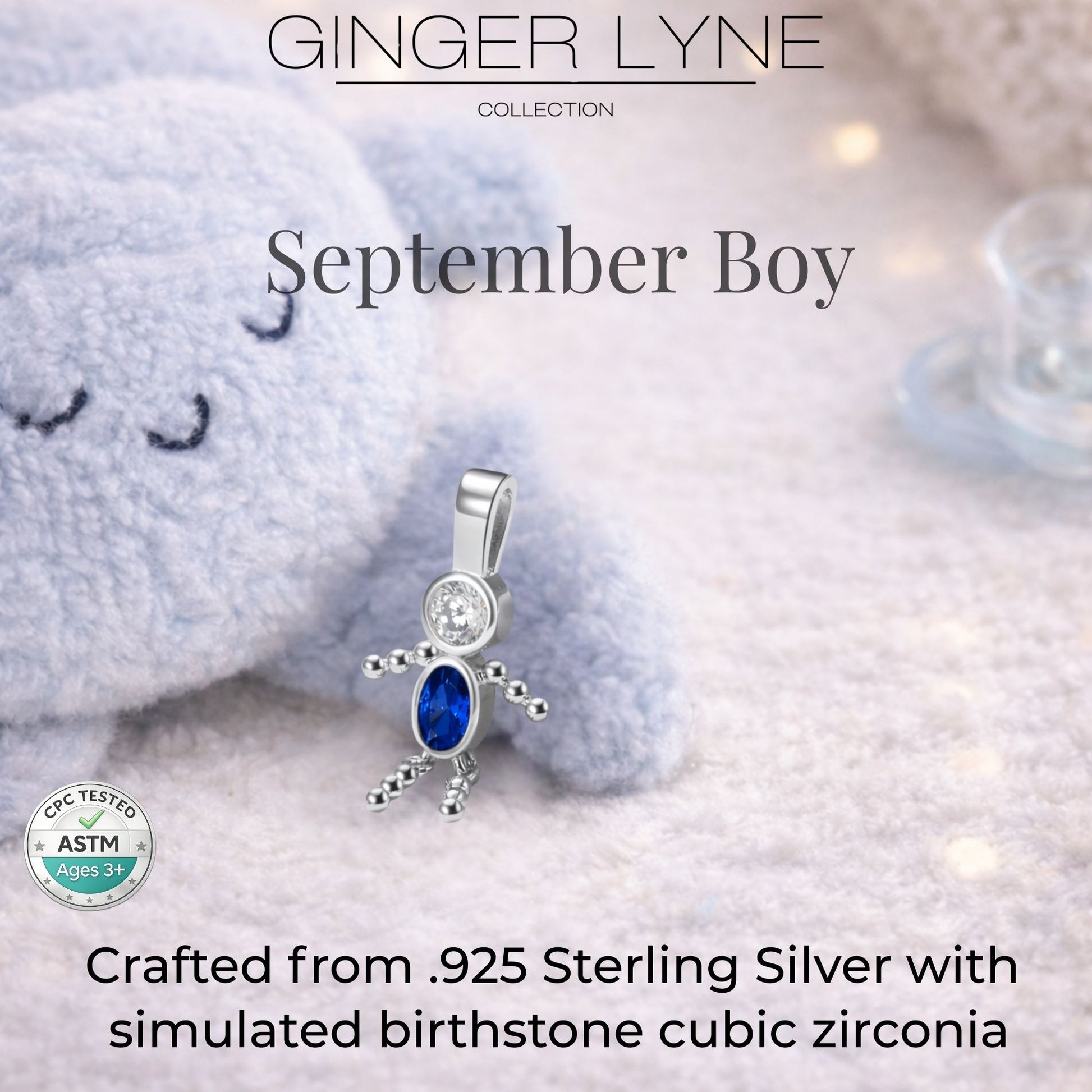 Baby Boy Birthstone Charm Children Pendants for Mom or Grandma Necklace by Ginger Lyne CZ Sterling Silver - Boy September