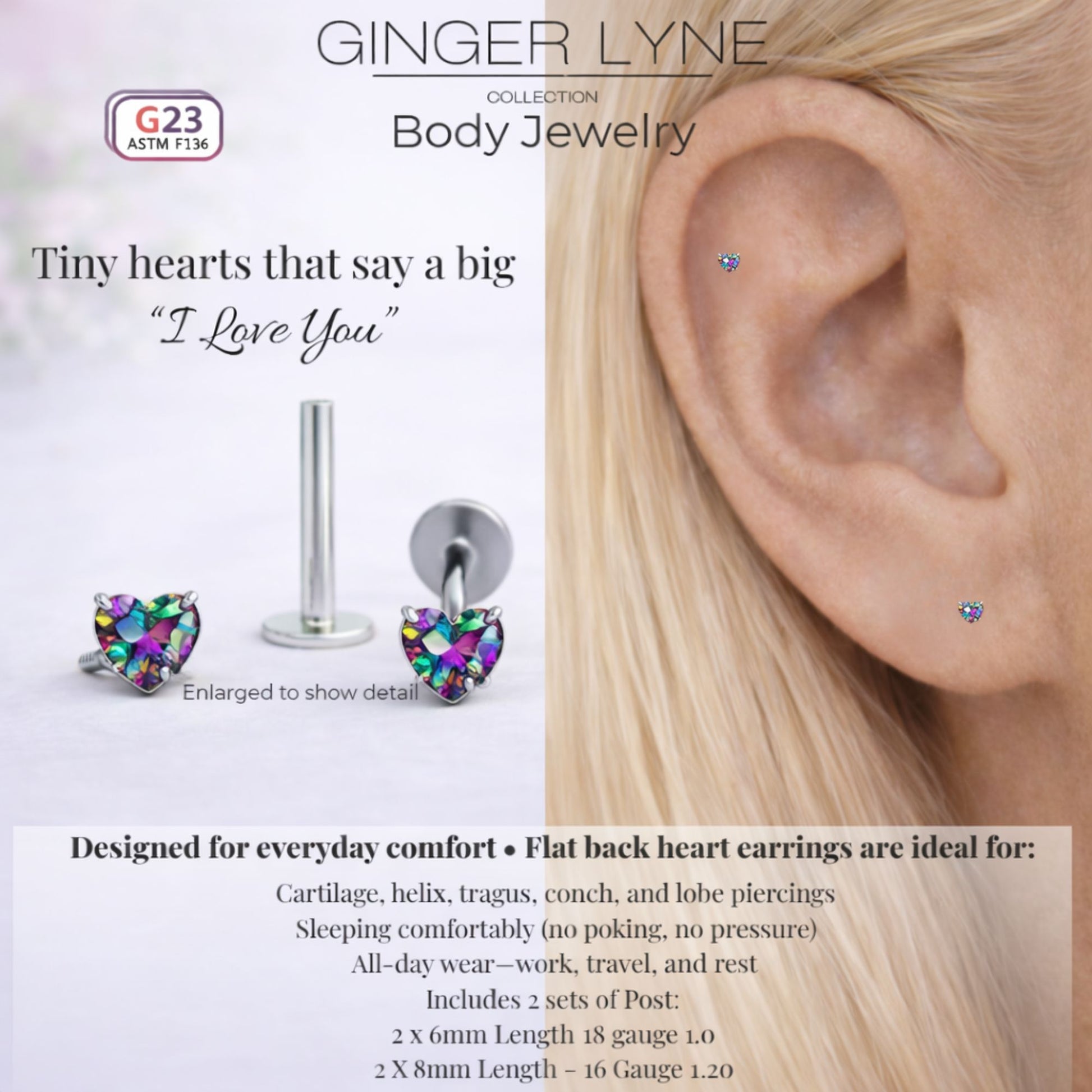 Small Heart CZ Solitaire Flat Back Stud Earrings Titanium Body Piercings by Ginger Lyne 2 Sets Post 6mm 8mm - 3mm-MysticRainbow