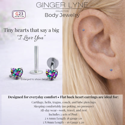 Small Heart CZ Solitaire Flat Back Stud Earrings Titanium Body Piercings by Ginger Lyne 2 Sets Post 6mm 8mm - 3mm-MysticRainbow