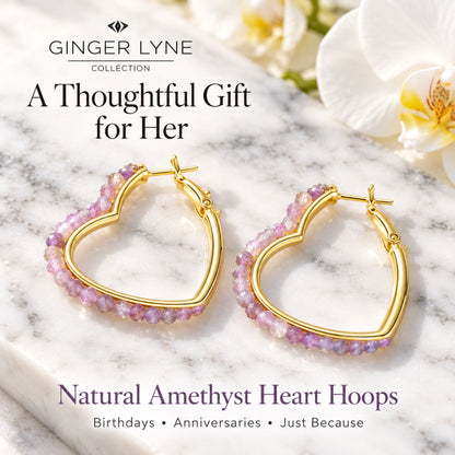 Heart Hoop Earrings for Women 14K Gold Plated Sterling Silver Natural Purple Amethyst - Purple