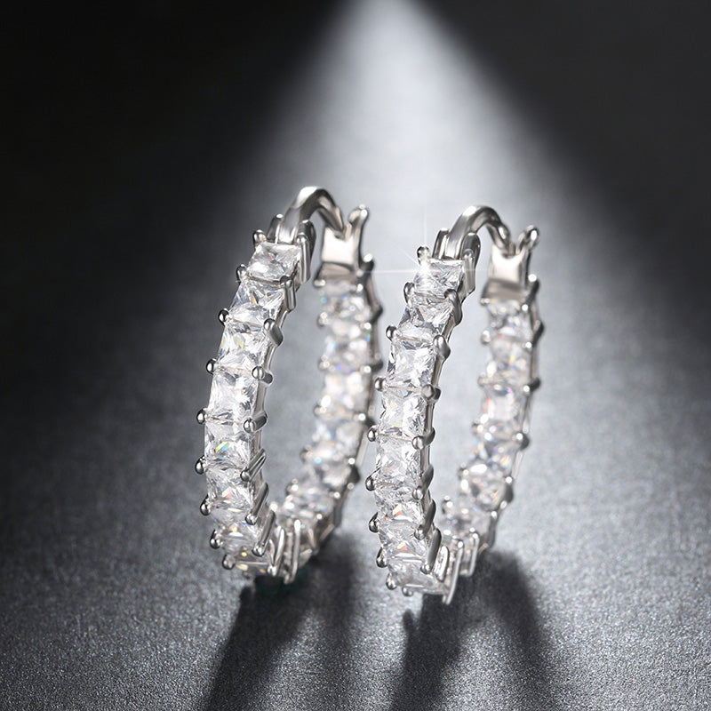 Hoop Earrings for Women Princess Cubic Zirconia White Gold Plated Ginger Lyne Collection - Silver