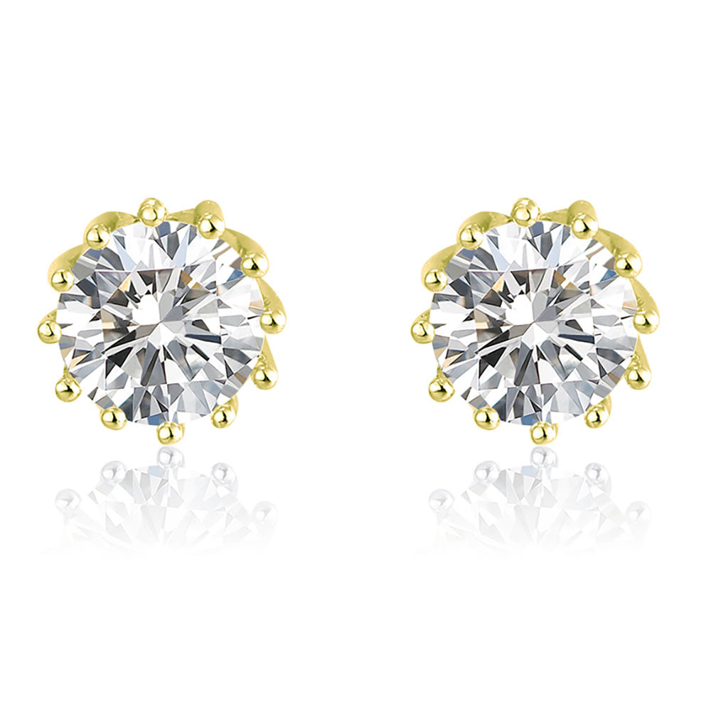 Crown Stud Earrings 8mm Round Cz Sterling Silver Womens by Ginger Lyne Collection - Yellow Gold