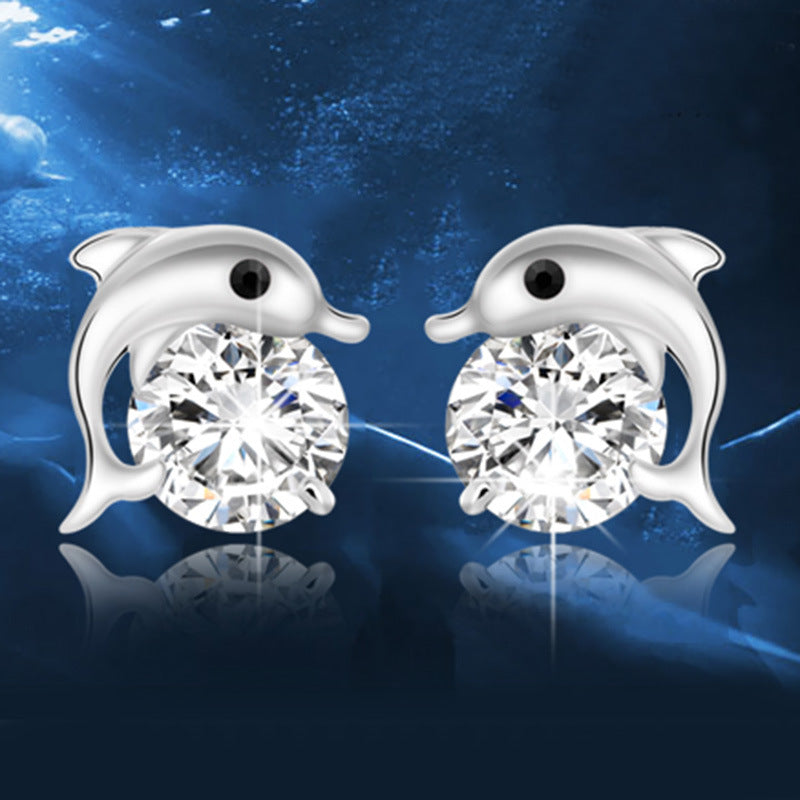 Dolphin Small Cubic Zirconia Stud Earrings for Women Ginger Lyne Collection - White Gold Plated