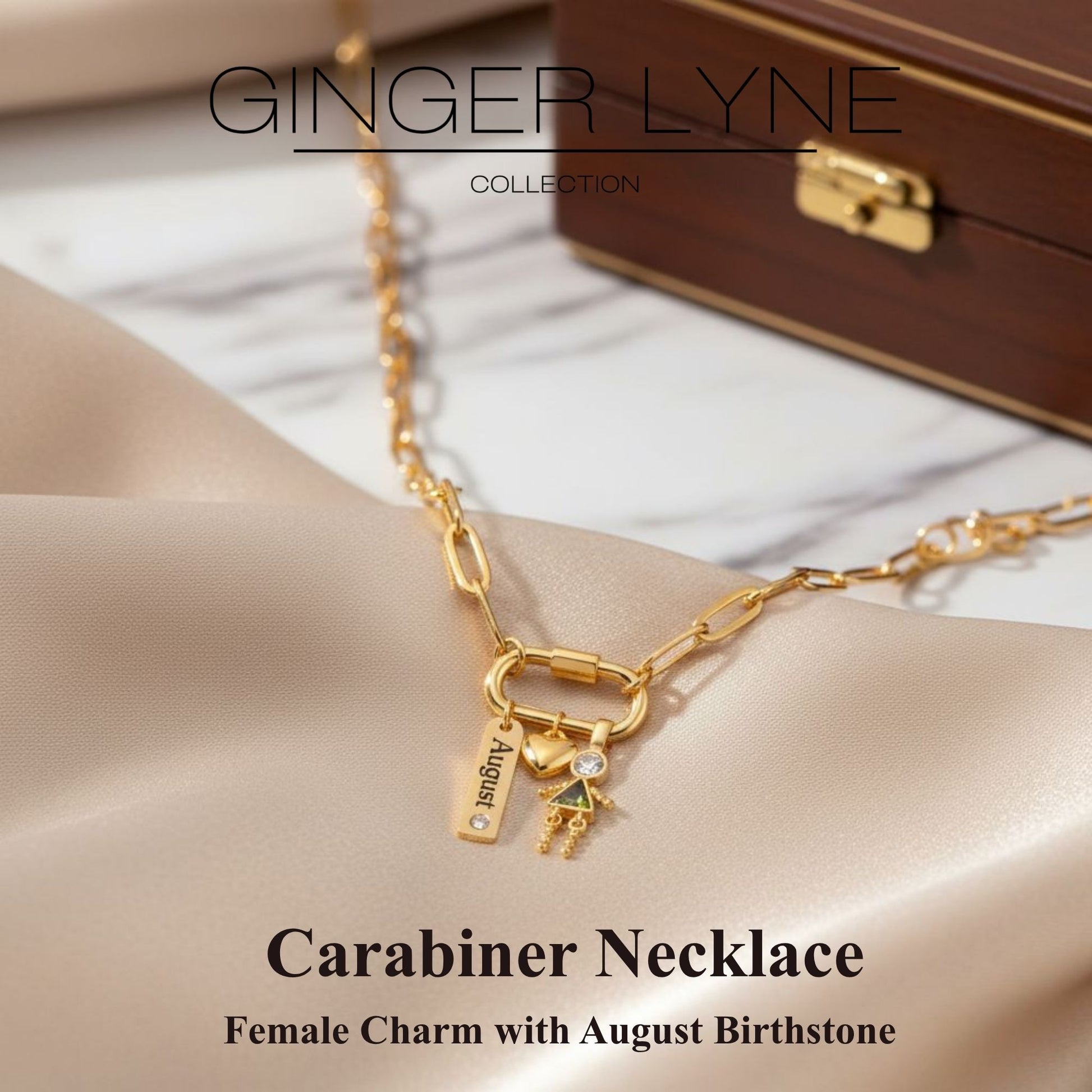Carabiner Family Birthstone Necklace for Mom or Grandma by Ginger Lyne Stainless Steel CZ Birthday Charms_Female-August-Gold-2