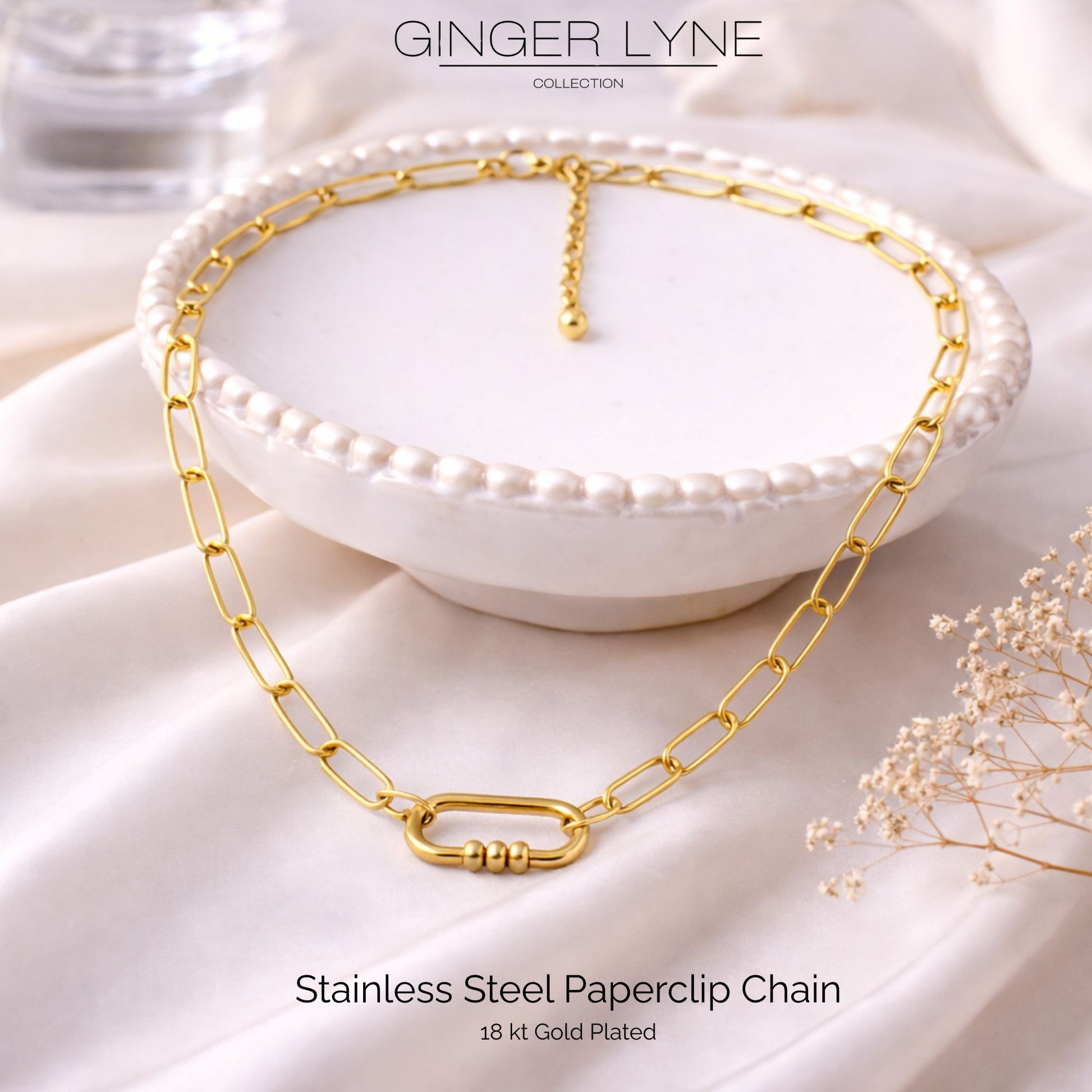 Carabiner Charm Holder Necklace for Women by Ginger Lyne Paperclip Chain 18KT Gold Plated Stainless Steel 18-20" - Gold-PaperclipChain/Rect 3 Bead CH