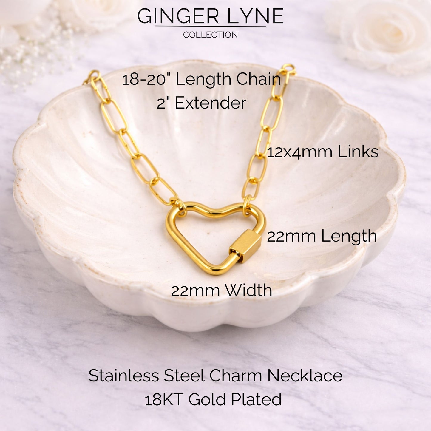 Heart Carabiner Charm Holder Necklace for Women by Ginger Lyne Paperclip Chain 18KT Gold Plated Stainless Steel 18-20" - Gold-PaperclipChain/Heart CH