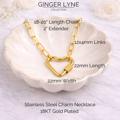 Heart Carabiner Charm Holder Necklace for Women by Ginger Lyne Paperclip Chain 18KT Gold Plated Stainless Steel 18-20" - Gold-PaperclipChain/Heart CH