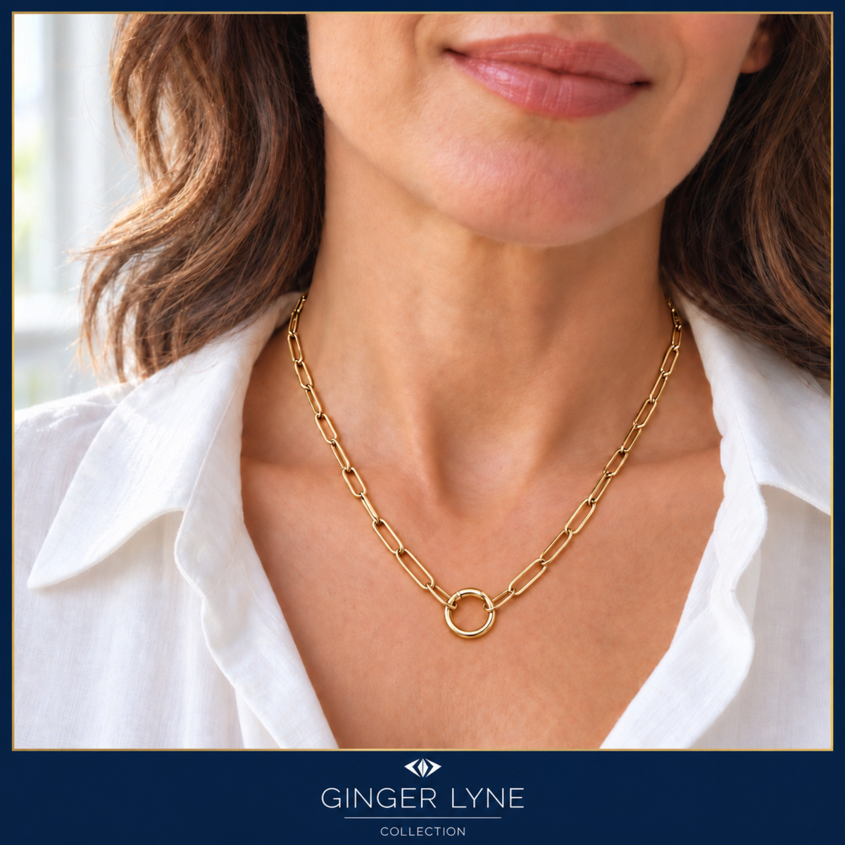 Carabiner Charm Necklace for Women Paperclip Chain Round Carabiner Holder Stainless Steel by Ginger Lyne - 12mm/Gold