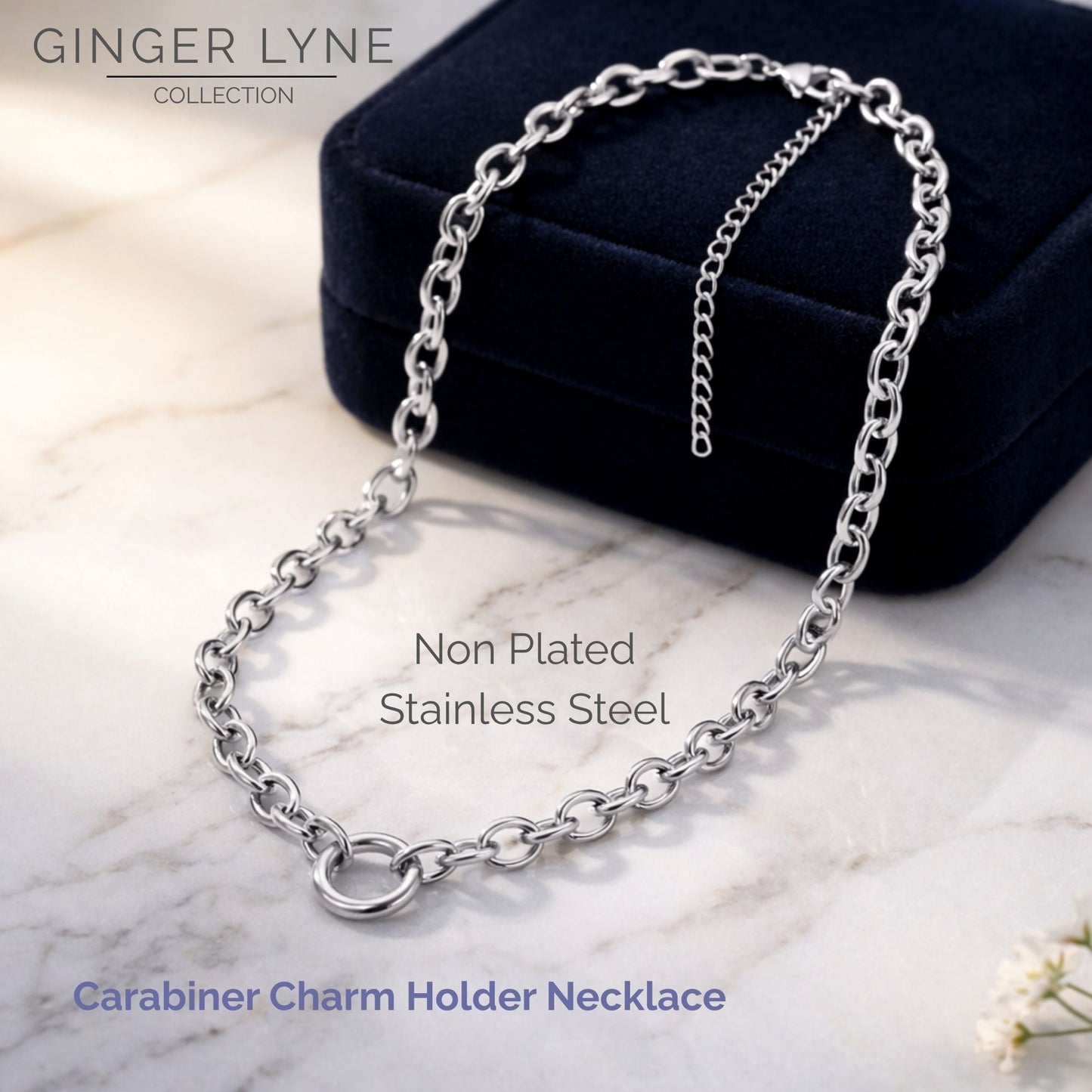 Carabiner Charm Necklace for Women O Link Chain Round Holder Stainless Steel by Ginger Lyne - 14mm/Silver