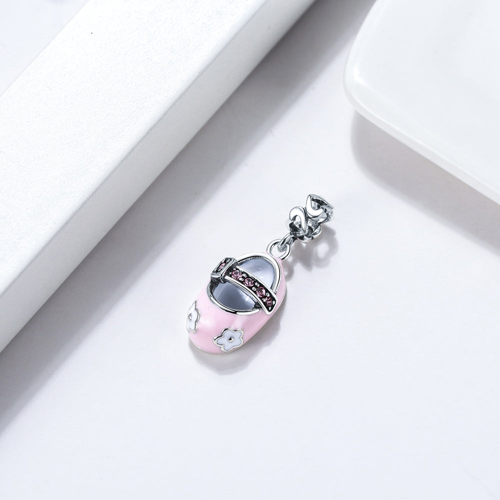 Baby Shoe Charm European Style Blue or Pink Sterling Silver CZ Ginger Lyne Collection - Pink