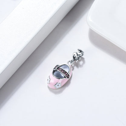 Baby Shoe Charm European Style Blue or Pink Sterling Silver CZ Ginger Lyne Collection - Pink