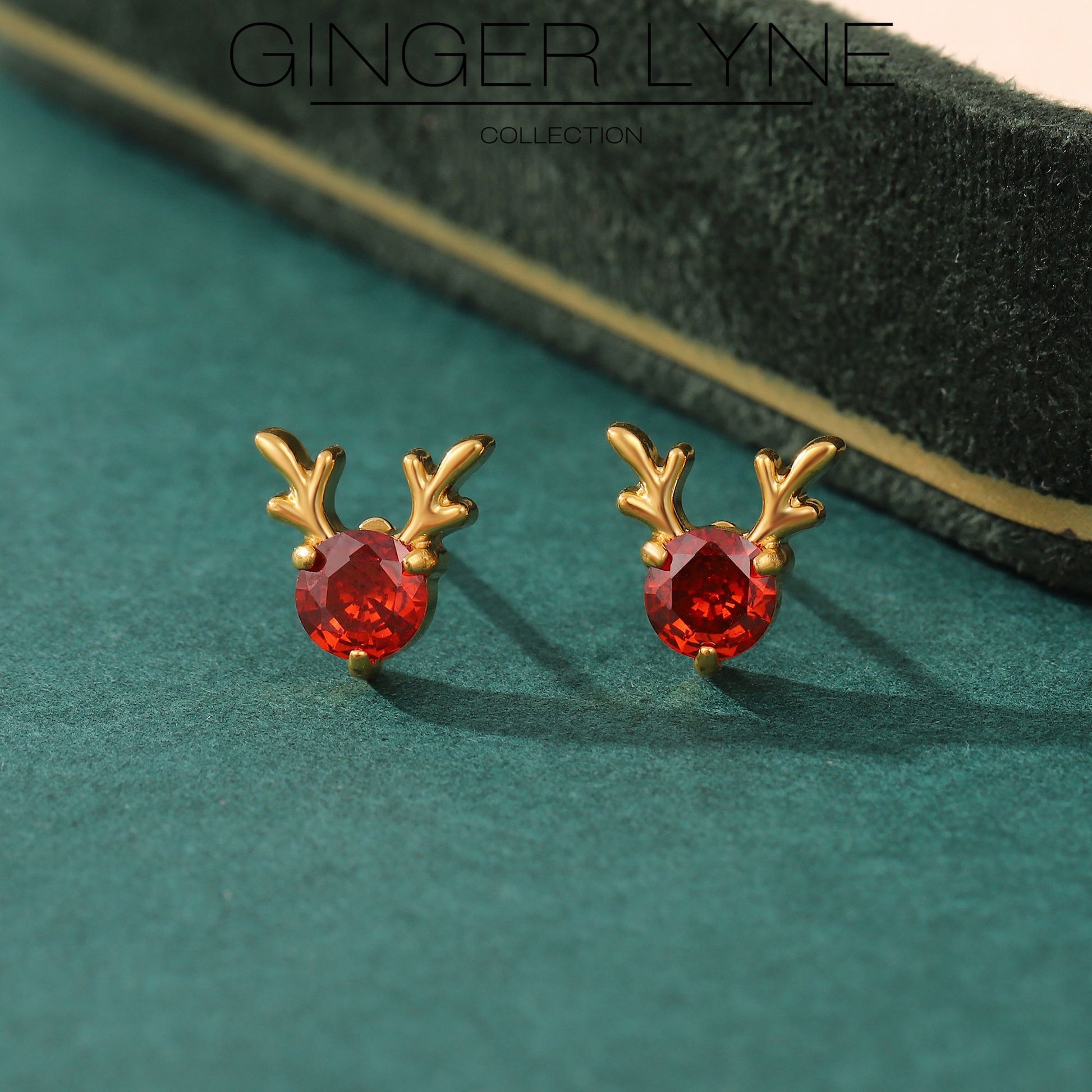 RudolphReindeerEarringsforWomenGoldPlatedStainlessSteelStudRedCZbyGingerLyne_Gold-5