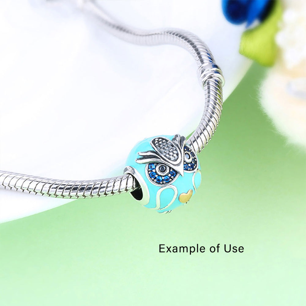 Owl Charm European Bead Blue CZ Sterling Silver Green Enamel Ginger Lyne Collection - Owl-77