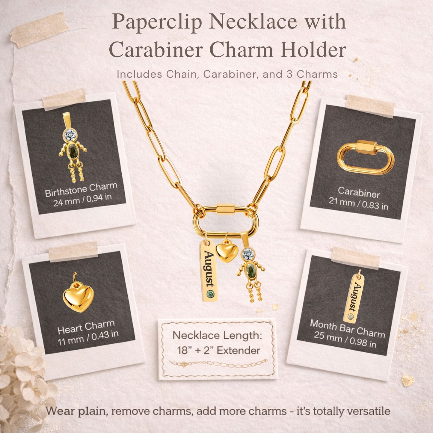 Carabiner Family Birthstone Necklace for Mom or Grandma by Ginger Lyne Stainless Steel CZ Birthday Charms_Male-August-Gold-4