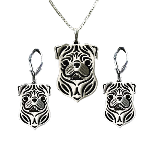 Pug Dog Sterling Silver Pendant Necklace Earrings Set Womens Ginger Lyne Collection