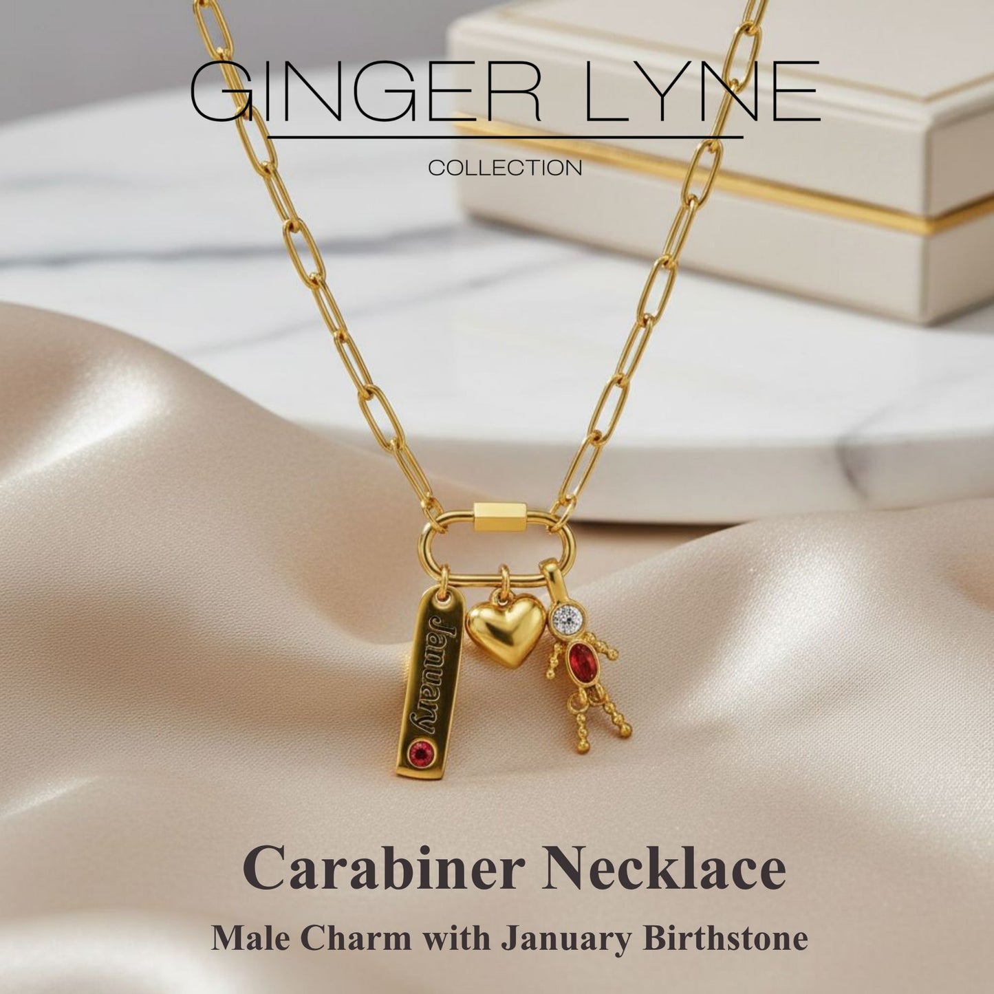 Carabiner Family Birthstone Necklace for Mom or Grandma by Ginger Lyne Stainless Steel CZ Birthday Charms_Male-January-Gold-2