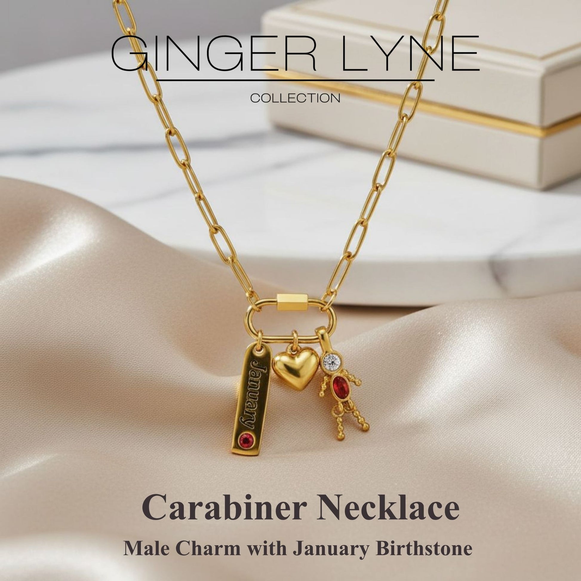 Carabiner Family Birthstone Necklace for Mom or Grandma by Ginger Lyne Stainless Steel CZ Birthday Charms_Male-January-Gold-2