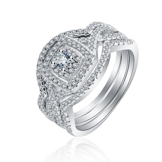 Paris Bridal Set 3pc Halo Cz Engagement Ring Bands Womens Ginger Lyne Collection - 10