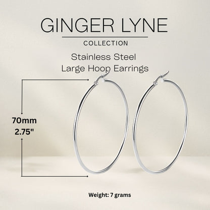 Large Plain Hoop Earrings for Women Silver Tone Stainless Steel Ginger Lyne Collection - 70mm-Silver