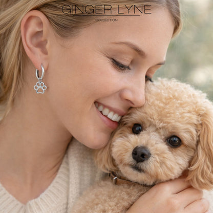 Dog Paw Charm Dangle Huggie Hoop Earrings for Women by Ginger Lyne 16mm Stainless Steel - Silver Tone