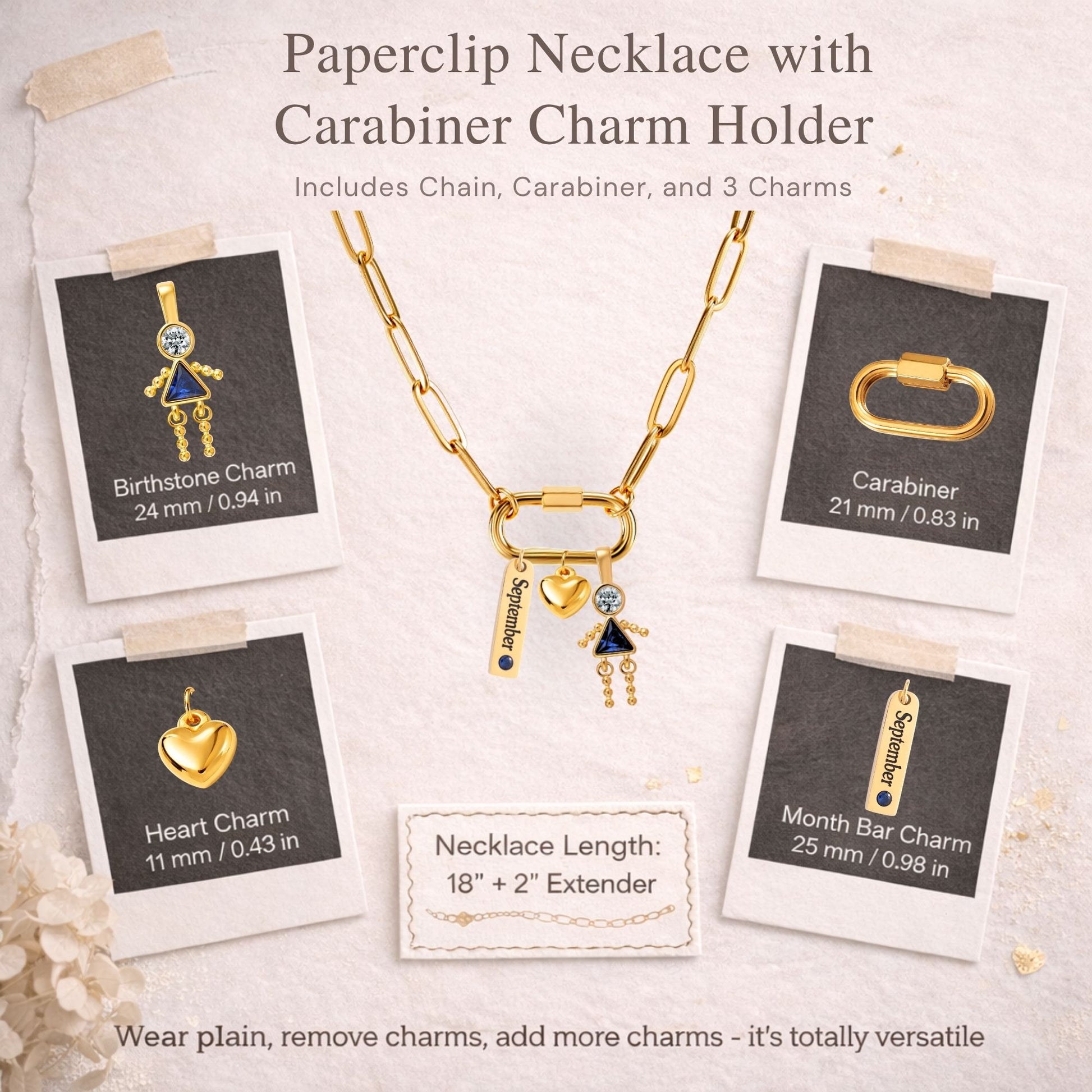 Carabiner Family Birthstone Necklace for Mom or Grandma by Ginger Lyne Stainless Steel CZ Birthday Charms_Female-September-Gold-4