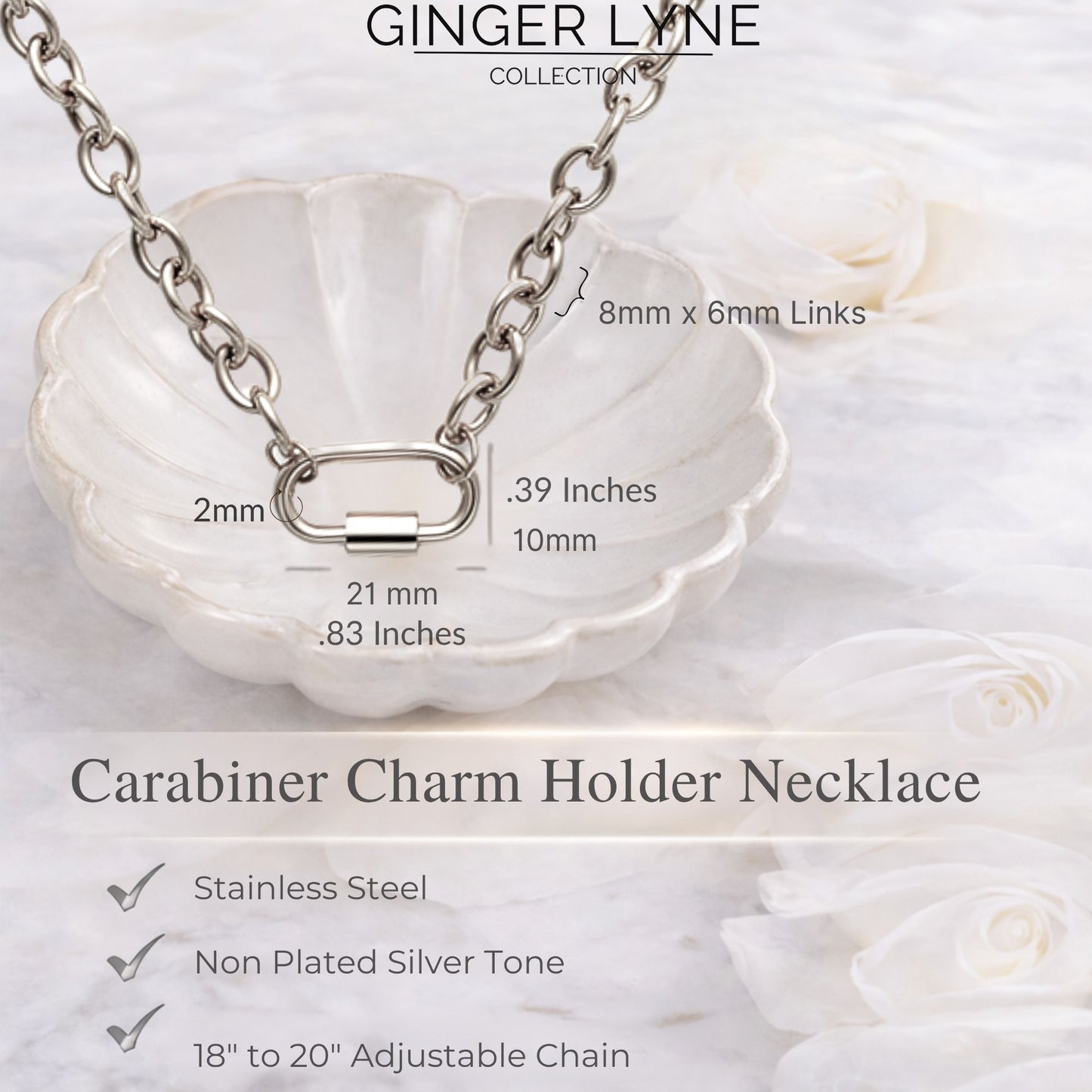 Carabiner Charm Holder Necklace for Women by Ginger Lyne O Chain Silver Stainless Steel 18-20" - Silver-OChain/Rect Sq CH
