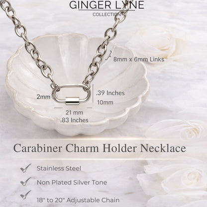 Carabiner Charm Holder Necklace for Women by Ginger Lyne O Chain Silver Stainless Steel 18-20" - Silver-OChain/Rect Sq CH