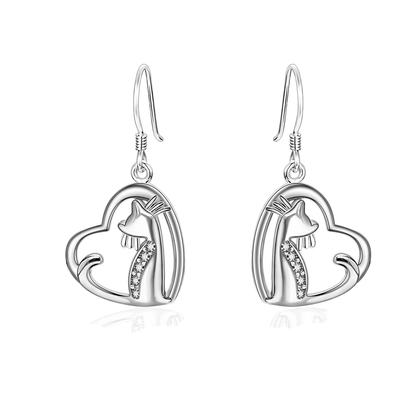 Kitty Cat Heart Dangle Earrings CZ Sterling Silver Ginger Lyne Collection