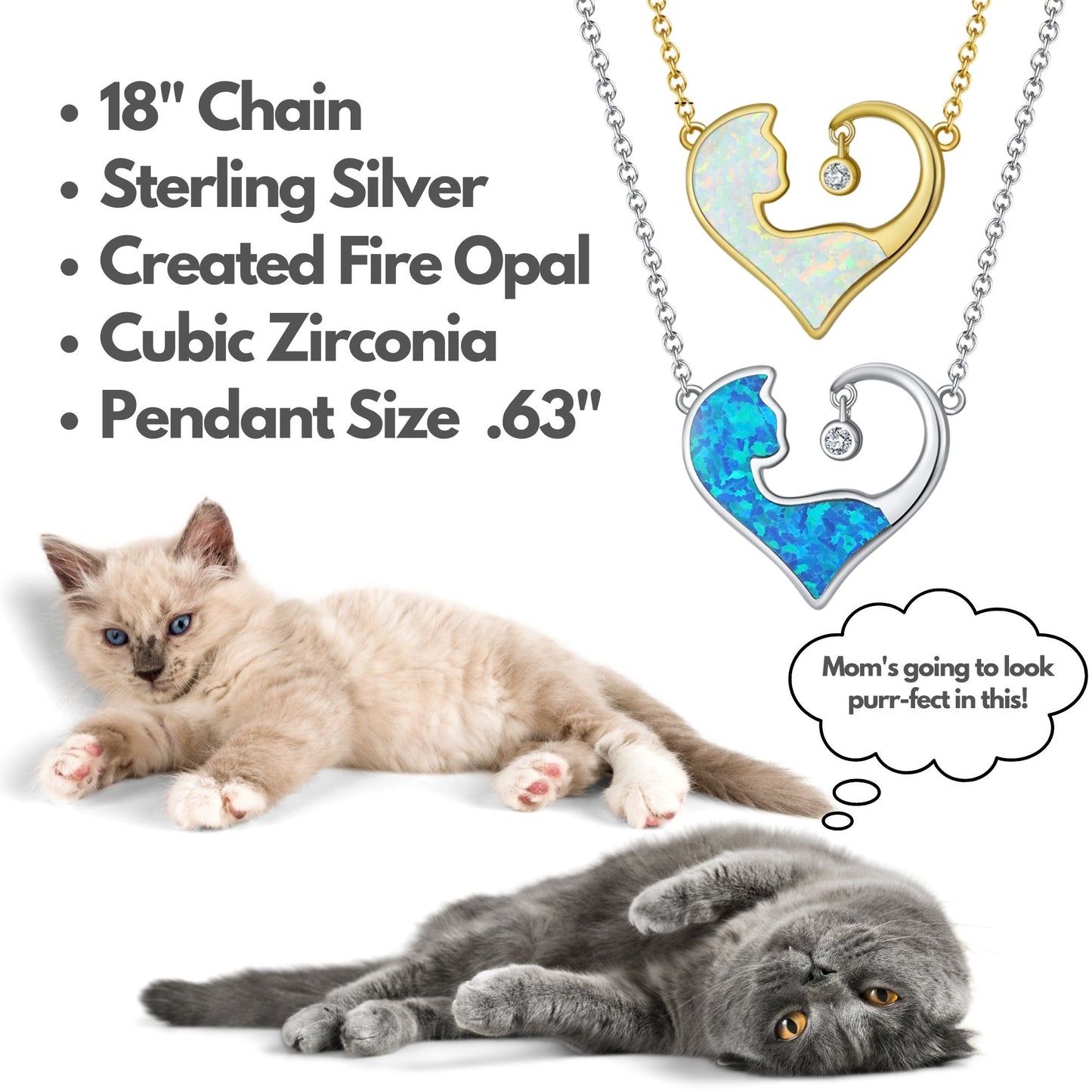 Cat Heart Pendant Necklace for Women Blue Fire Opal CZ Sterling Silver Ginger Lyne Collection - Silver