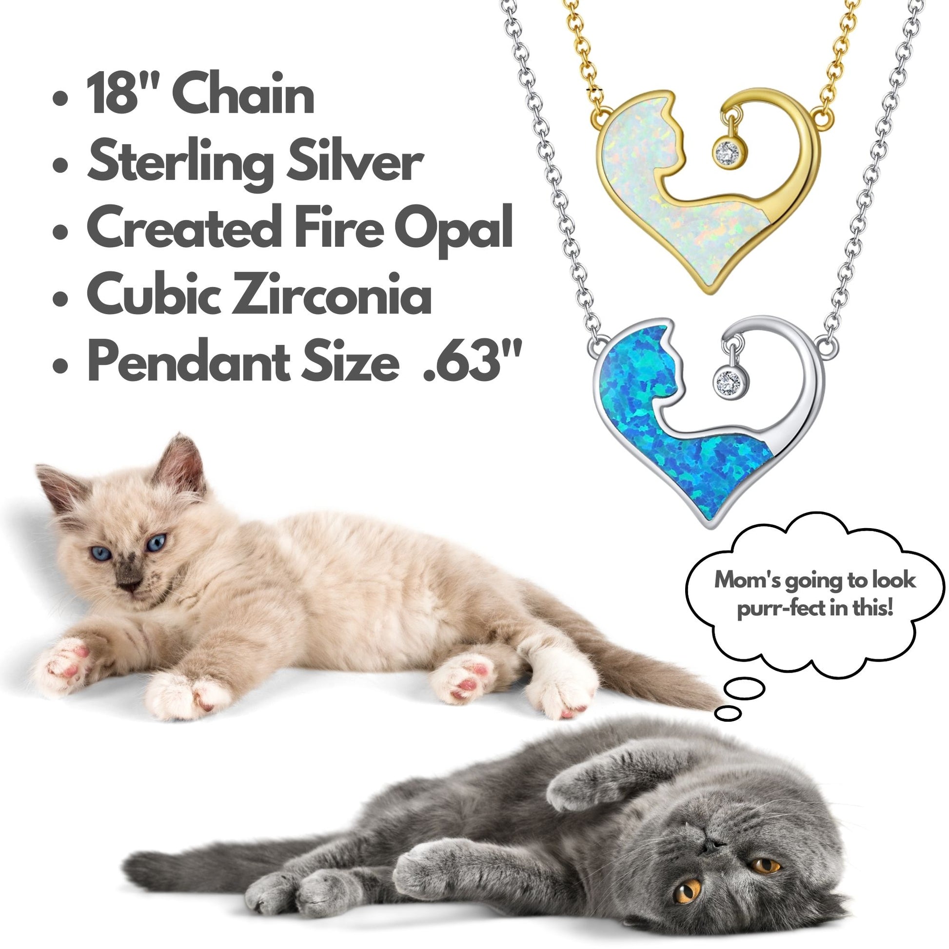 Cat Heart Pendant Necklace for Women Blue Fire Opal CZ Sterling Silver Ginger Lyne Collection - Silver