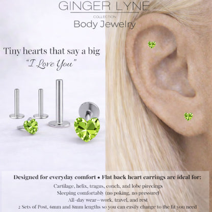 Small Heart CZ Solitaire Flat Back Stud Earrings Body Piercings by Ginger Lyne 2 Sets Post 6mm 8mm Included - 5mm-PeridotGreen