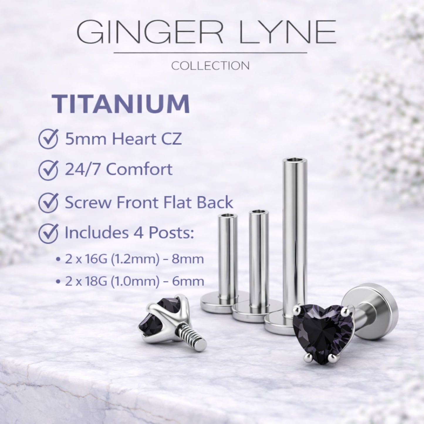 Small Heart CZ Solitaire Flat Back Stud Earrings Body Piercings by Ginger Lyne 2 Sets Post 6mm 8mm Included - 5mm-Black