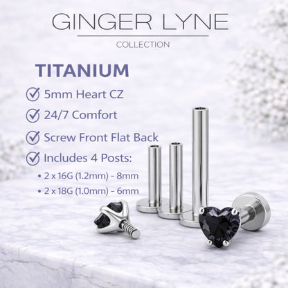 Small Heart CZ Solitaire Flat Back Stud Earrings Body Piercings by Ginger Lyne 2 Sets Post 6mm 8mm Included - 5mm-Black