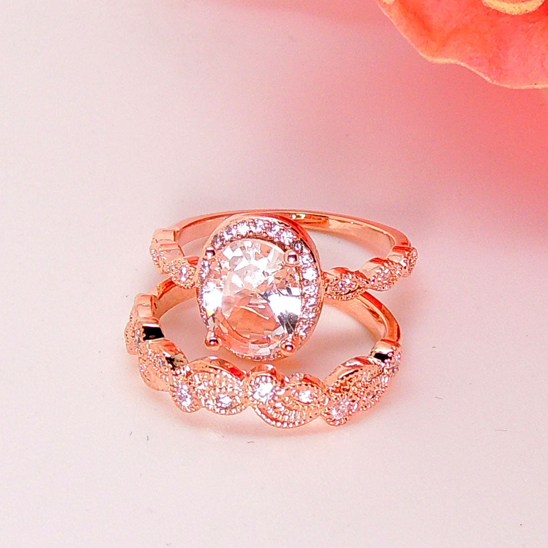 Amara Wedding Ring Set for Women Rose Gold Plated Engagement Ring Wedding Band Cubic Zirconia by Ginger Lyne