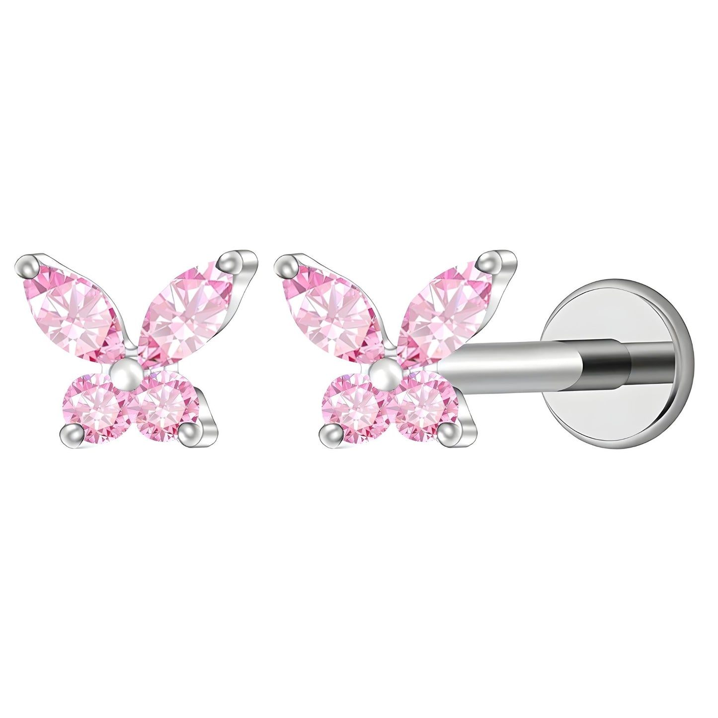 SmallButterflyCZSolitaireFlatBackStudEarringsBodyPiercingsbyGingerLyne2SetsPost6mm8mmIncluded-Pibk_Pink-1