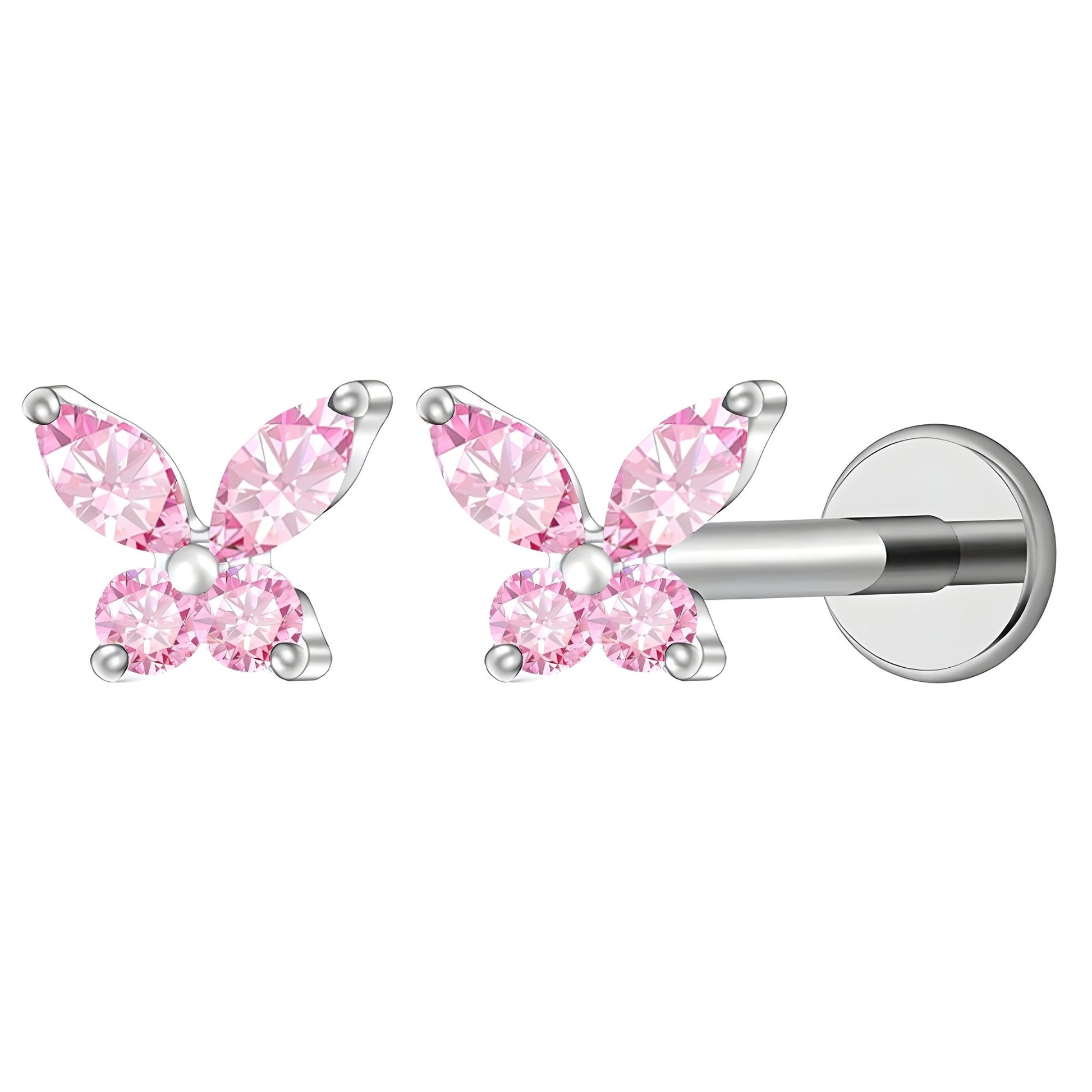 SmallButterflyCZSolitaireFlatBackStudEarringsBodyPiercingsbyGingerLyne2SetsPost6mm8mmIncluded-Pibk_Pink-1