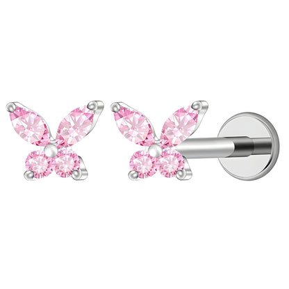 SmallButterflyCZSolitaireFlatBackStudEarringsBodyPiercingsbyGingerLyne2SetsPost6mm8mmIncluded-Pibk_Pink-1