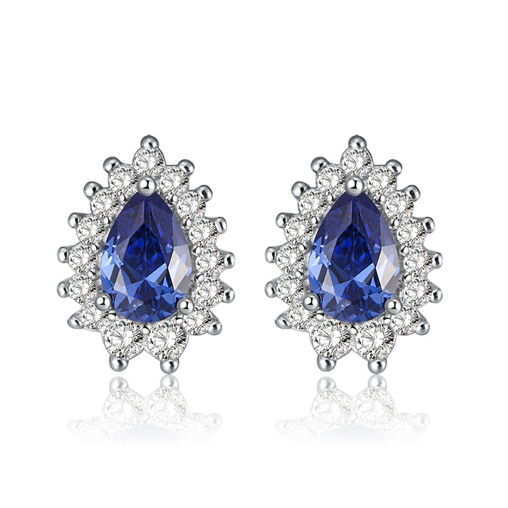 Pear Teardrop Stud Earrings for Women Sterling Silver Blue Cz Ginger Lyne Collection